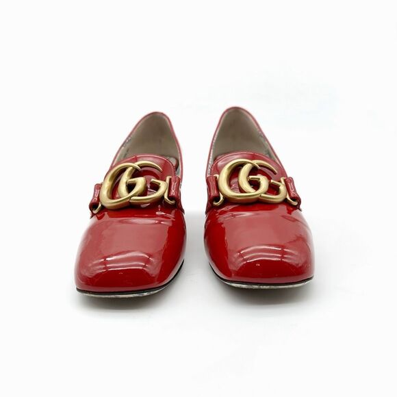 GUCCI Victoire Marmont GG Red Vernice Heel Size 37.5 Patent Leather Loafers - Picture 7 of 13